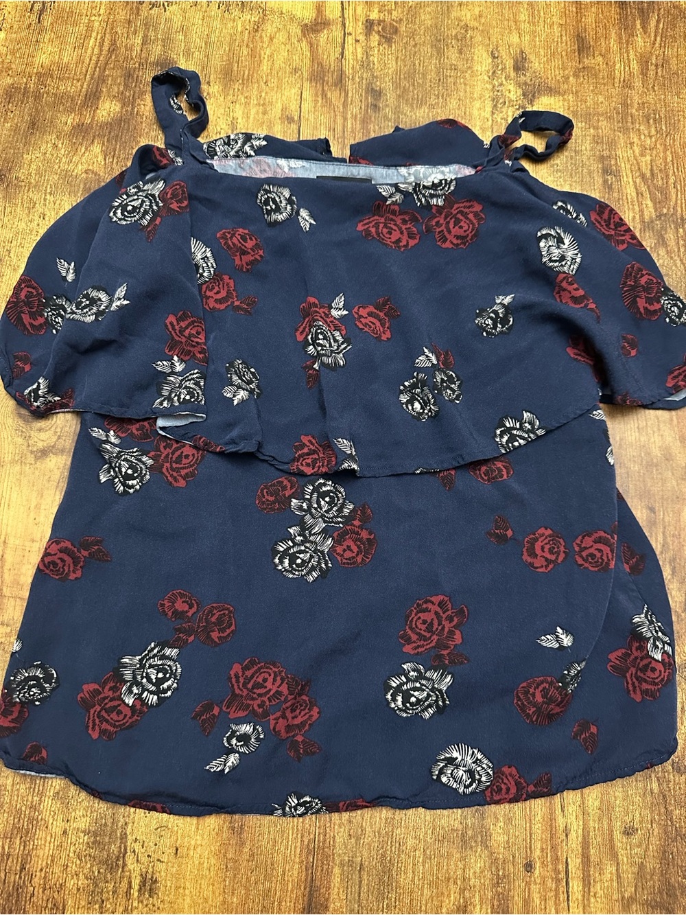 le chateau Navy Floral Cold-Shoulder Cami with Red and White Roses